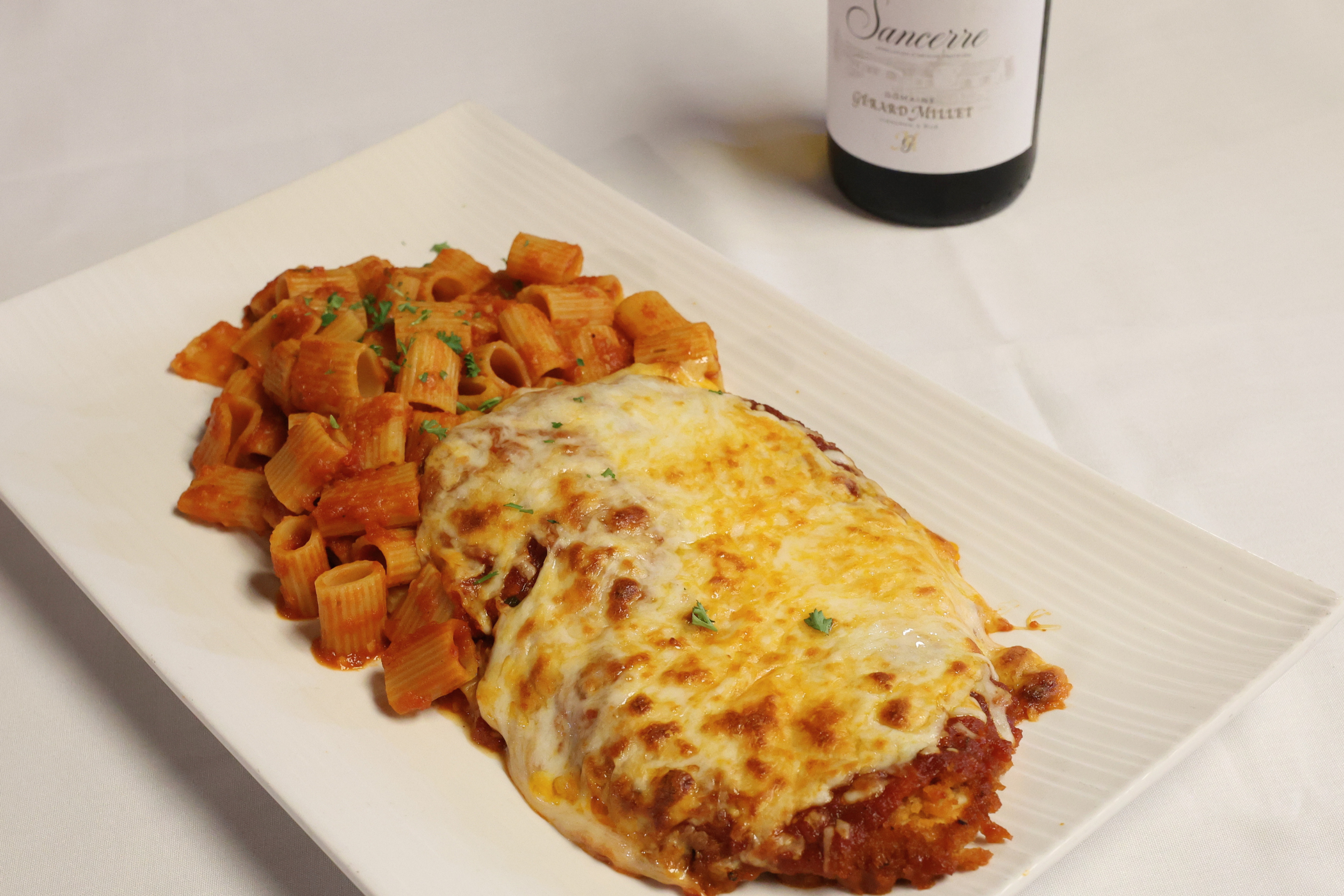 Chicken Parmigiana with rigatoni and Sancerre