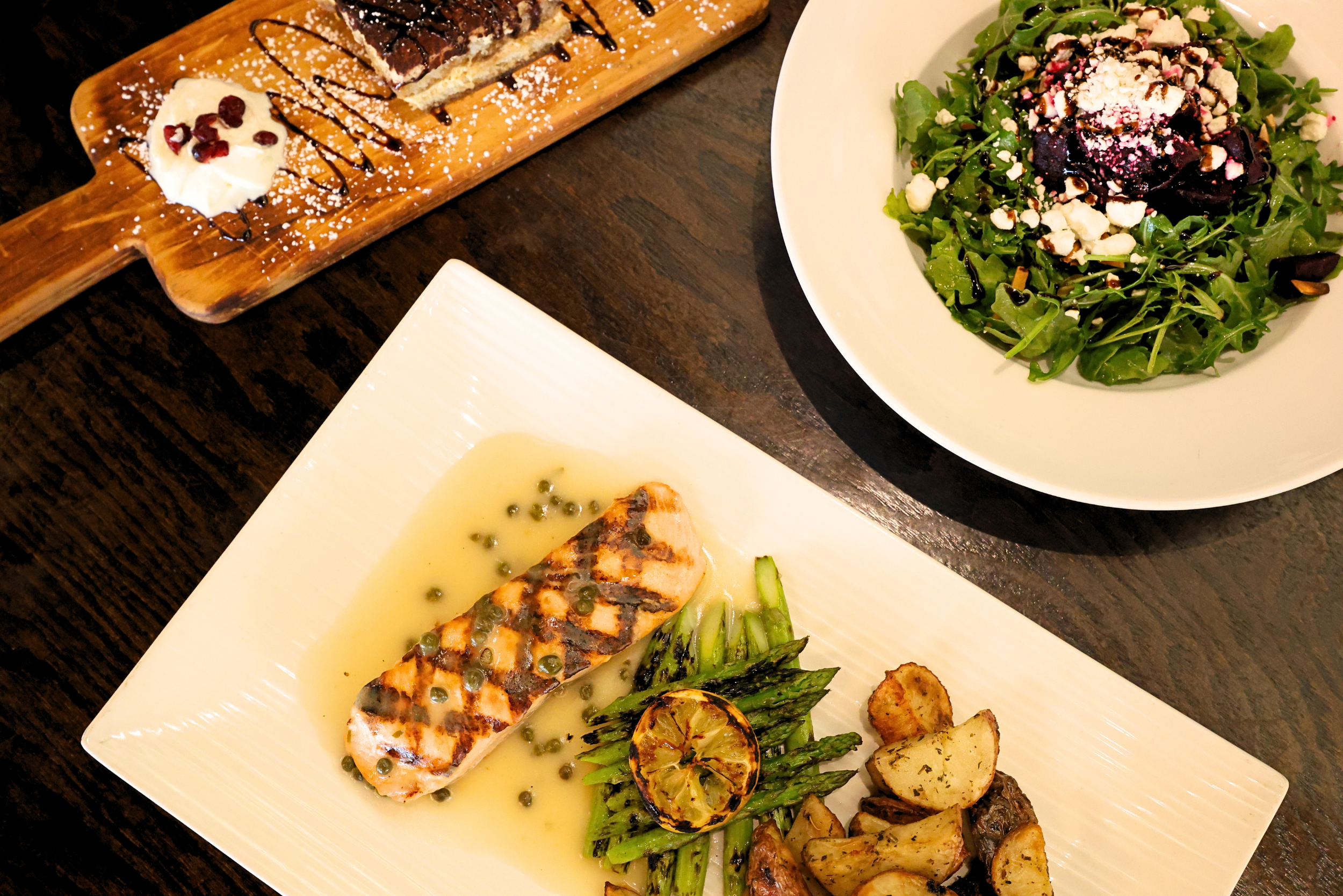 Grilled salmon, beet salad, and dessert board
